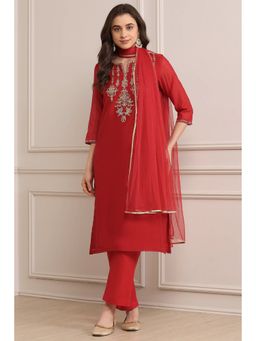 Biba - Red Embroidered Suit (Set of 3)