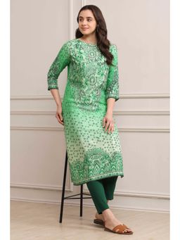 Biba - Womens Green Printed Viscose Shantoon Straight Kurta