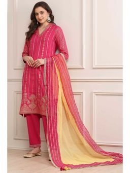 Biba - Womens Pink Printed Cotton Straight Suit (Set of 3)