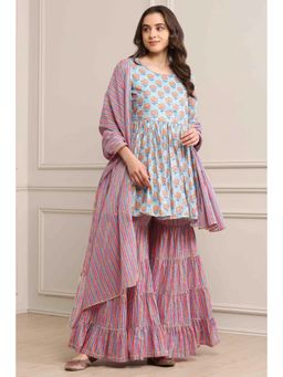 Biba - Womens Blue Printed Voile Straight Suit (Set of 3)