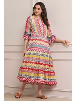 Biba - Womens Off White Printed Poly Georgette Tired Dress