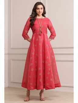Biba - Womens Pink Printed Poly Chanderi Flared Dress