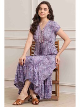 Biba - Womens Purple Printed Rayon Straight Jumpsuit