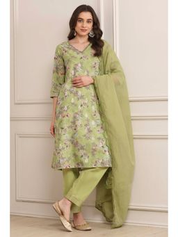 Biba - Green Cotton Blend Straight Kurta Pant Suit (Set of 3)