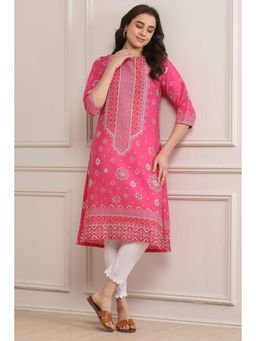 Biba - Deep Pink Rayon Straight Printed Kurta
