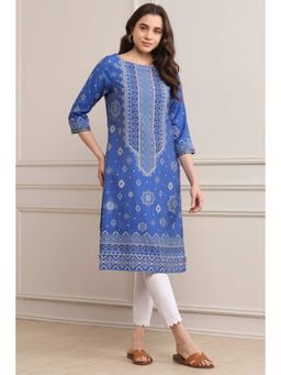 Biba - Royal Blue Rayon Straight Printed Kurta