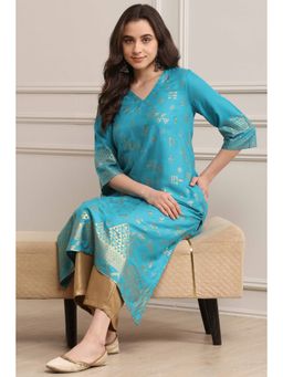 Biba - Women Turquoise Rayon Foil Printed Kurta