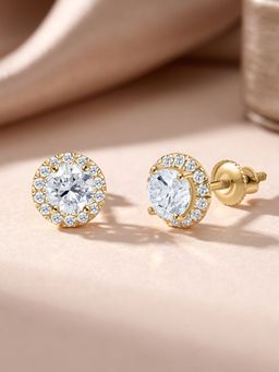 Ornate Jewels - 9K Yellow Gold 1.03 Carat Round Lab Grown Diamond Halo Stud Earring for Women & Girls