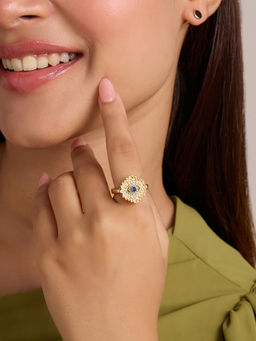 Pipa Bella by Nykaa Fashion - Gold and Blue Patterned Zircon Embellished Evil Eye Adjustable Ring