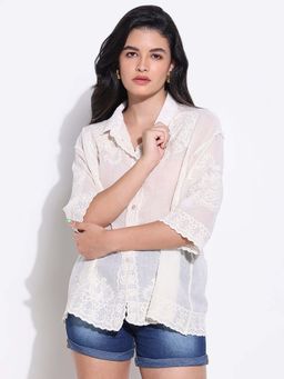 SHOWOFFFF - Classic Women Embroidered Cream Oversized Shirt