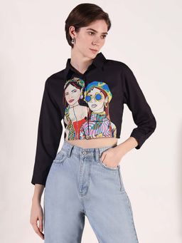 SHOWOFFFF - Women Graphic Black Boxy Crop Shirt