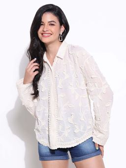 SHOWOFFFF - Classic Women Self Design Cream Oversized Shirt