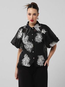 SHOWOFFFF - Classic Women Embroidered Black Shirt with Inner Slip (Set of 2)