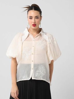 SHOWOFFFF - Classic Women Embroidered Cream Shirt with Inner Slip (Set of 2)