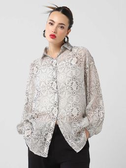 SHOWOFF - Classic Women Printed Grey Oversized Shirt