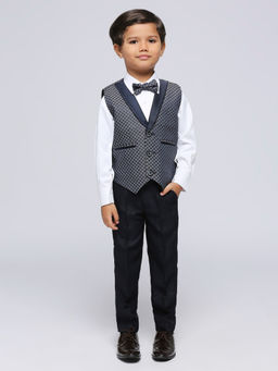 Kids Island - Navy Blue Satin Shirt Waistcoat with Pant and Bow Tie (Set of 4)