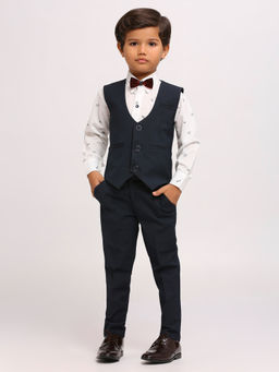 Kids Island - Navy Blue Lycra Shirt Waistcoat with Pant and Bow Tie (Set of 4)