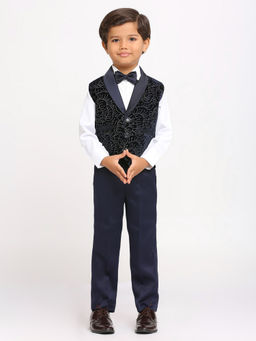 Kids Island - Navy Blue Velvet Shirt Waistcoat with Pant and Bow Tie (Set of 4)