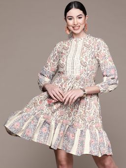 Anubhutee - Women Off White Printed Ethnic Dress
