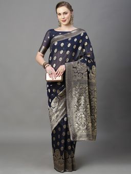 Akhilam - Womens Cotton Silk Navy Blue Woven Design Saree with Unstitched Blouse