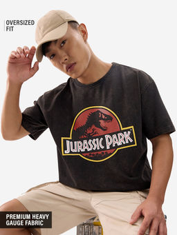 The Souled Store - Official Jurassic Park Logo Vintage Wash Oversized Graphic T-Shirt