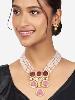 Joules By Radhika - Multi-Str& Red, Pink & Off White Kundan Polki Necklace & Earrings (Set of 2)