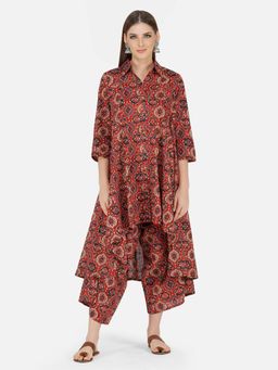 Fabnest - Womens Cotton Red Ajrakh Print Collared Kurta with Pants (Set of 2)