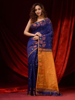 CHARUKRITI - Navy Blue Blended Cotton Woven Buttas and Foliage Borders Saree with Unstitched Blouse