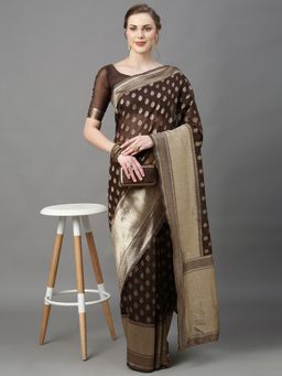 Akhilam - Womens Cotton Silk Dark Brown Woven Design Saree with Unstitched Blouse