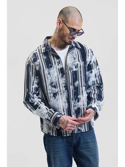 Snitch - Navy Blue Stripes Relaxed Fit Shirt