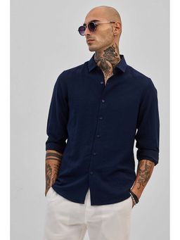 Snitch - Navy Blue Slim Fit Linen Shirt
