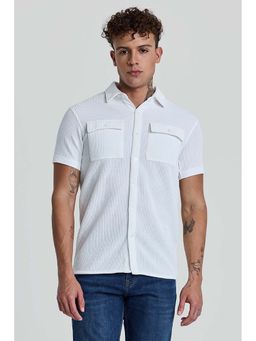 Snitch - White Textured Double Pocket Shirt