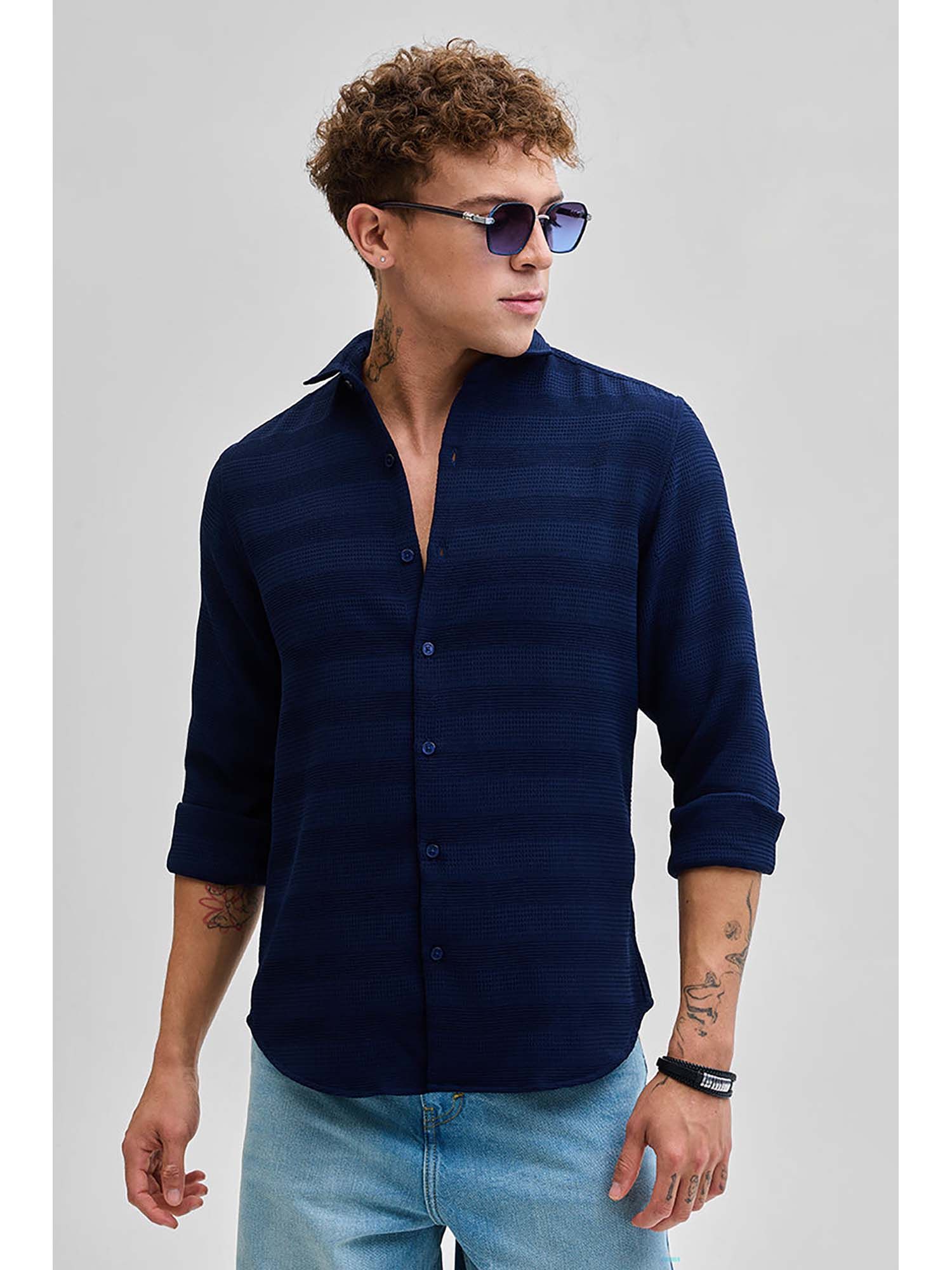 トップス c-boy style Chrome Beat (No.75) Buy Blue textured linen shirt for men online in India
