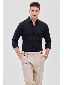 Snitch - Black Self-Design Slim Fit Shirt