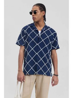 Snitch - Navy Blue Textured Abstract Box Fit Shirt