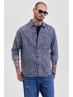 Snitch - Navy Blue Printed Relaxed Fit Shirt