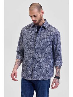 Snitch - Dark Blue Printed Relaxed Fit Shirt