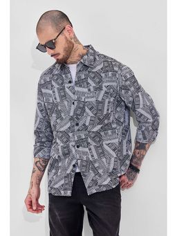 Snitch - Navy Blue Printed Relaxed Fit Shirt