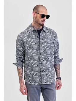 Snitch - Navy Blue Printed Relaxed Fit Shirt