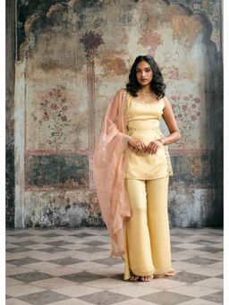 Saanjh by Lea - Farya Butter Yellow Hand-Embroidered Kurta with Sharara and Dupatta