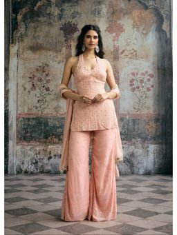 Saanjh by Lea - Aneesa Peach Mirror-Embroidered Kurta with Sharara and Dupatta