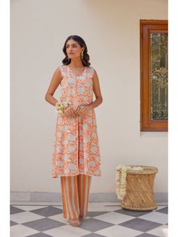 Kapraaha - Orange Hand Block Printed Floral Jaal Tunic with Pants