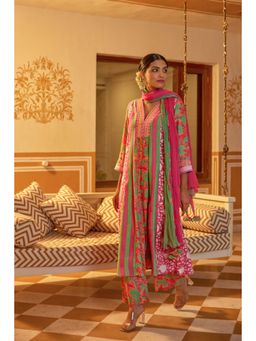 Kapraaha - Fuchsia and Green Muslin Kurta and Pants with Dupatta