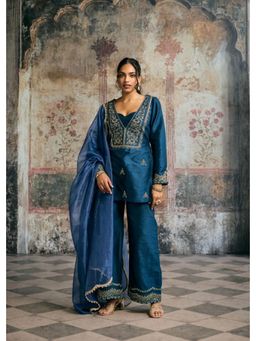 Saanjh by Lea - Ambar Blue Hand-Embroidered Silk Kurta with Pant and Dupatta
