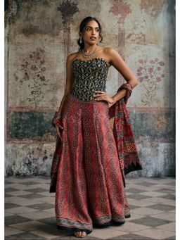 Saanjh by Lea - Rhea Ajrakh Hand Embroidered Corset with Sharara and Dupatta