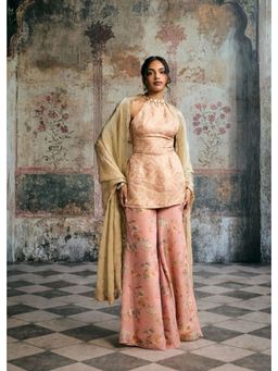 Saanjh by Lea - Aleena Peach Banarasi Brocade Floral Tissue Kurta with Sharara and Dupatta