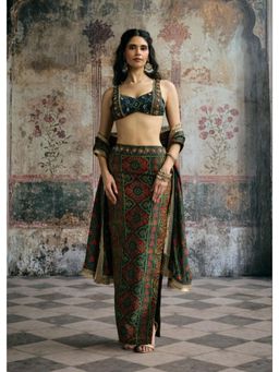 Saanjh by Lea - Kavya Green Ajrakh Hand Embroidered Blouse with Skirt and Dupatta
