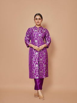 VISHWA - Purple Banarasi Silk Long Jacket Kurta with Raw Silk Pants