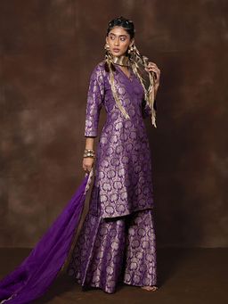 VISHWA - Purple Banarasi Silk Kurta Sharara with Dupatta Set