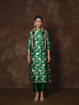 VISHWA - Green Jaal Banarasi Silk Kurta with Pant Set